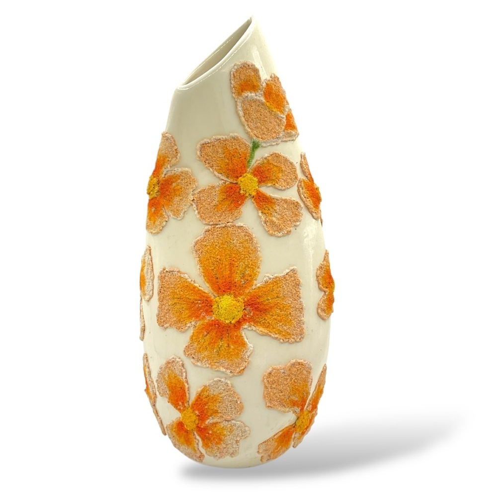 Vintage Ceramic Vase Handmade 1987 Joan Muss Cream Orange Flowers Lava Textured